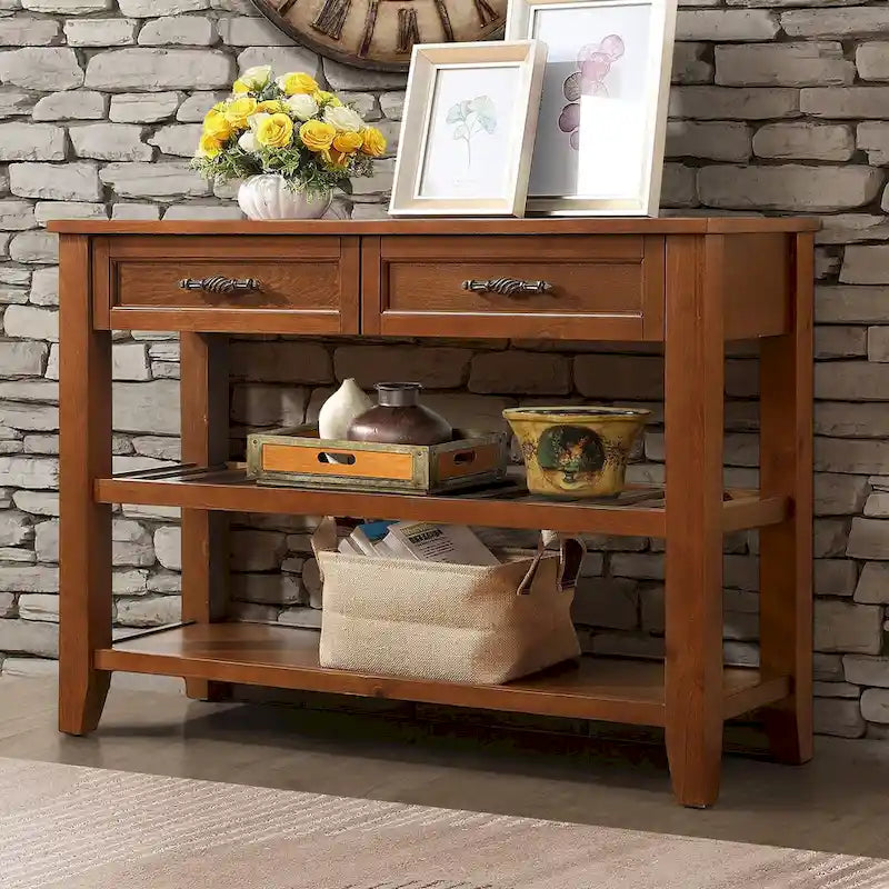 Tavolo console rustico a 2 cassetti, color espresso / marrone / blu marino / bianco antico, montaggio da 1 persona