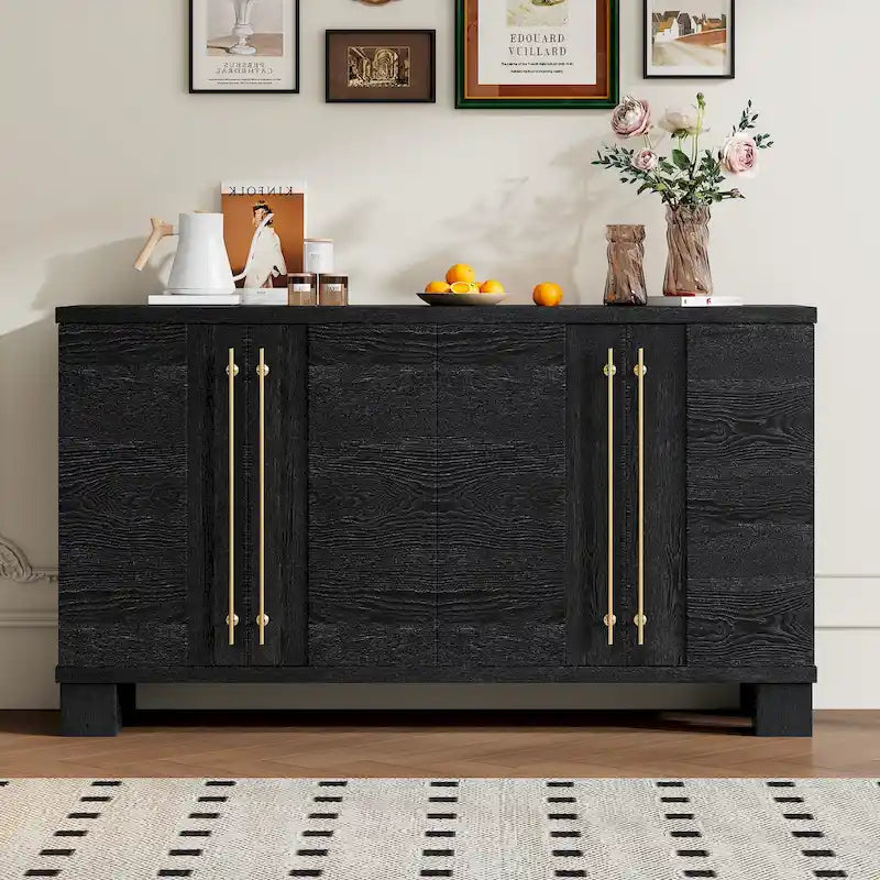 Credenza in legno con ripiani regolabili e maniglie dorate – Tortora / Blu Antico / Nero