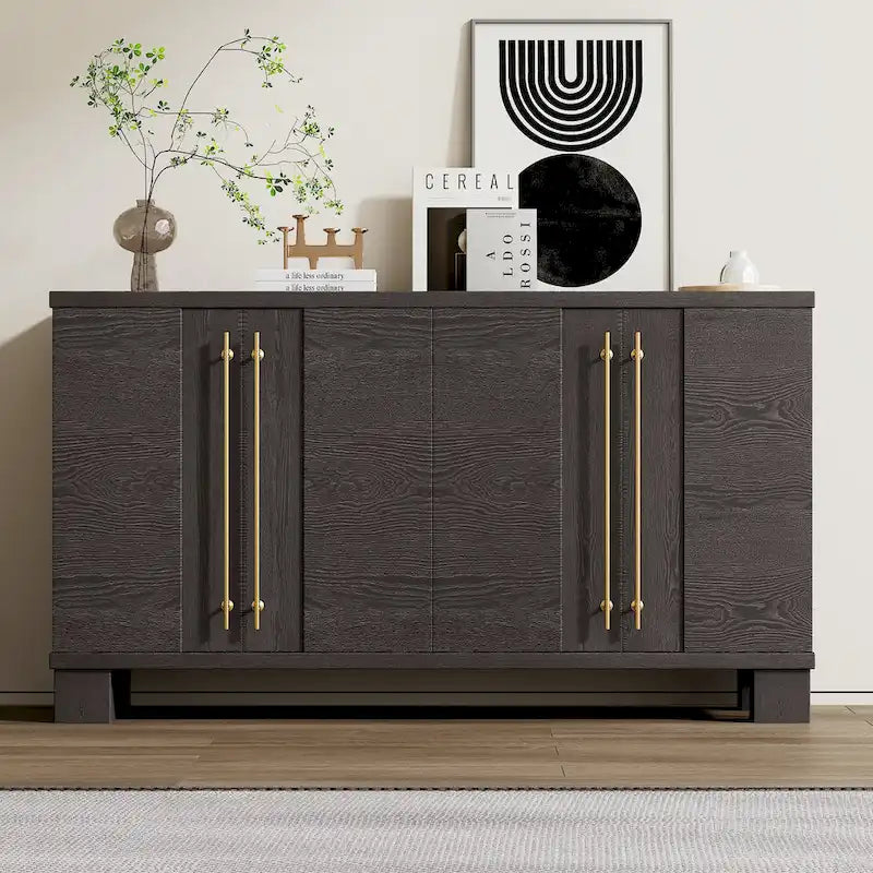 Credenza in legno con ripiani regolabili e maniglie dorate – Tortora / Blu Antico / Nero