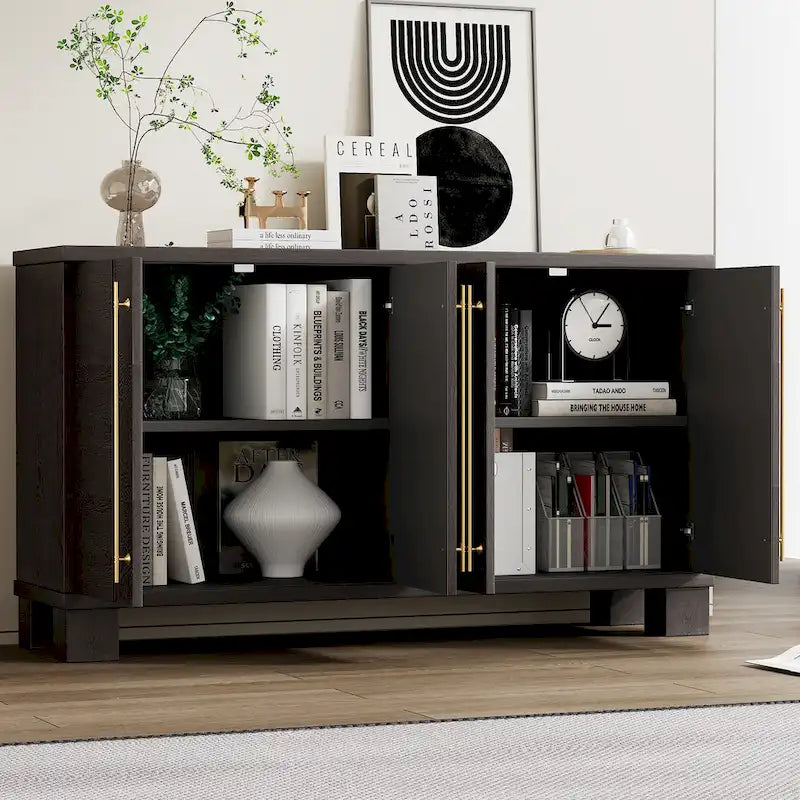 Credenza in legno con ripiani regolabili e maniglie dorate – Tortora / Blu Antico / Nero