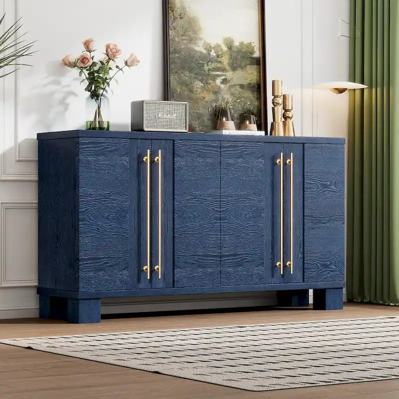 Credenza in legno con ripiani regolabili e maniglie dorate – Tortora / Blu Antico / Nero