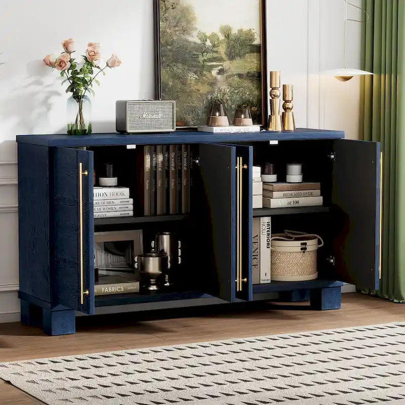 Credenza in legno con ripiani regolabili e maniglie dorate – Tortora / Blu Antico / Nero