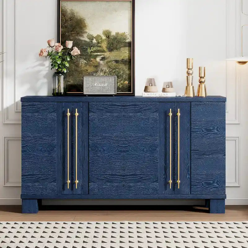 Credenza in legno con ripiani regolabili e maniglie dorate – Tortora / Blu Antico / Nero