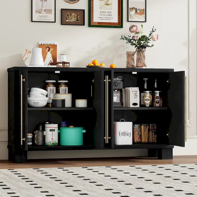 Credenza in legno con ripiani regolabili e maniglie dorate – Tortora / Blu Antico / Nero