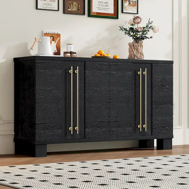 Credenza in legno con ripiani regolabili e maniglie dorate – Tortora / Blu Antico / Nero