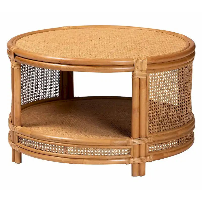Tavolino da caffè rotondo in rattan color miele chiaro con ripiano aperto, 1 pezzo