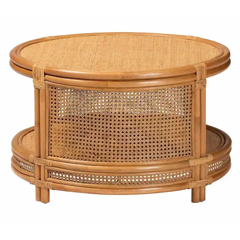 Tavolino da caffè rotondo in rattan color miele chiaro con ripiano aperto, 1 pezzo