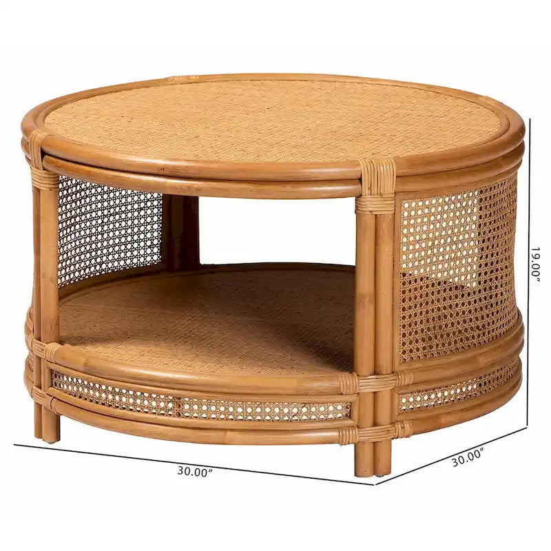 Tavolino da caffè rotondo in rattan color miele chiaro con ripiano aperto, 1 pezzo