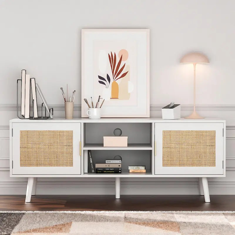 Mobile TV in Rattan Bianco, 2 Ante, Adatto per TV fino a 75"