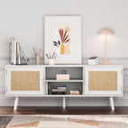 Mobile TV in Rattan Bianco, 2 Ante, Adatto per TV fino a 75"
