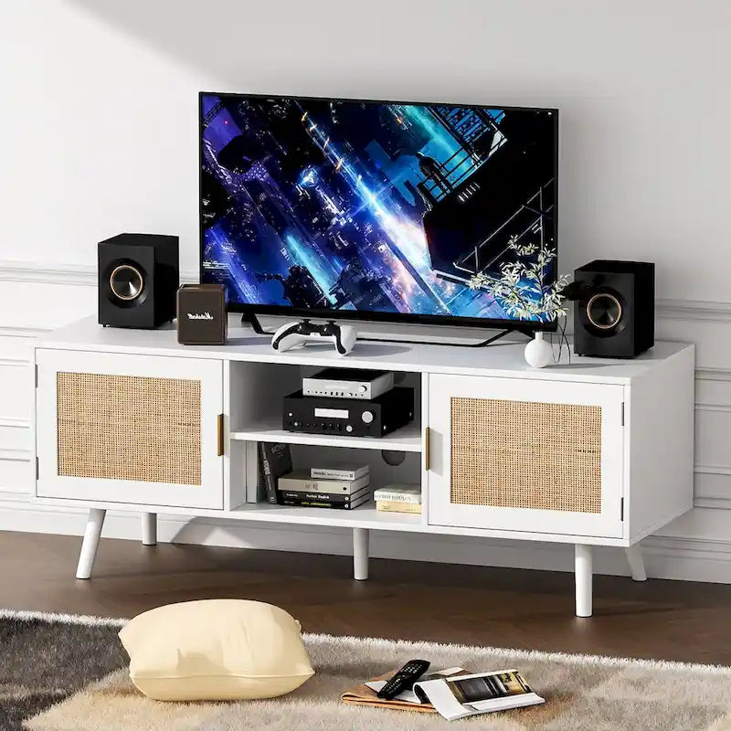 Mobile TV in Rattan Bianco, 2 Ante, Adatto per TV fino a 75"