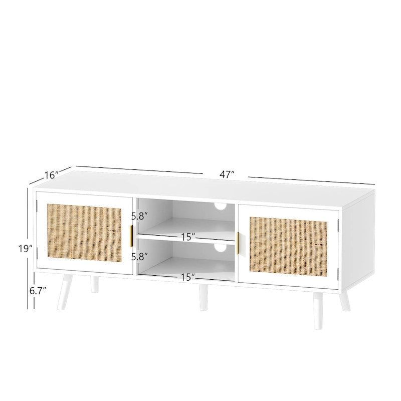 Mobile TV in Rattan Bianco, 2 Ante, Adatto per TV fino a 75"
