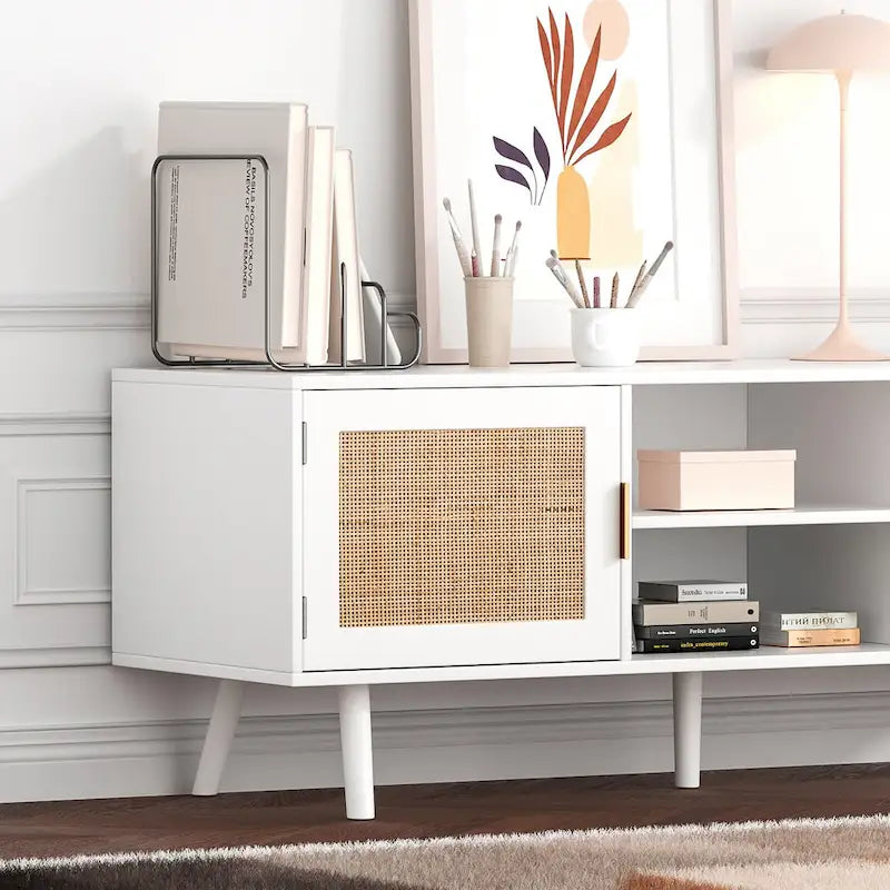 Mobile TV in Rattan Bianco, 2 Ante, Adatto per TV fino a 75"