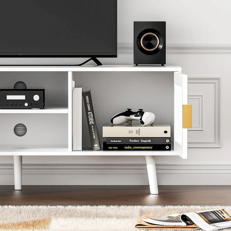 Mobile TV in Rattan Bianco, 2 Ante, Adatto per TV fino a 75"