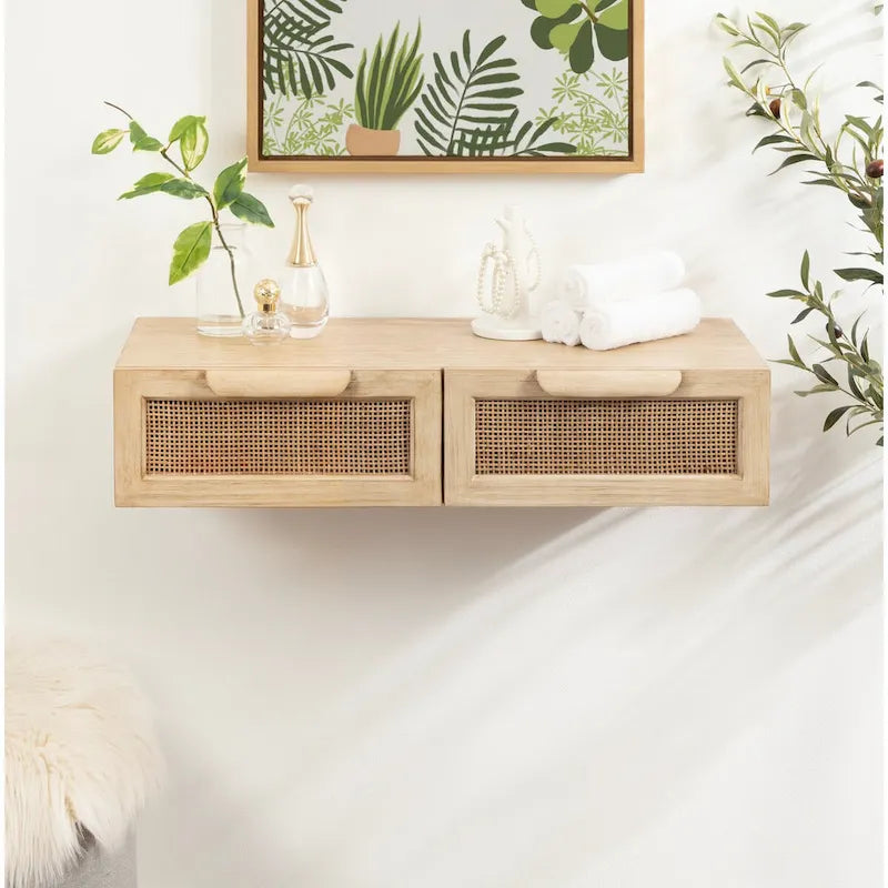 Scaffale da Parete Fluttuante in Legno Naturale e Rattan con Cassetti, Naturale, 1 persona