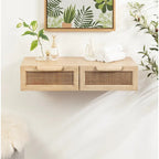 Scaffale da Parete Fluttuante in Legno Naturale e Rattan con Cassetti, Naturale, 1 persona