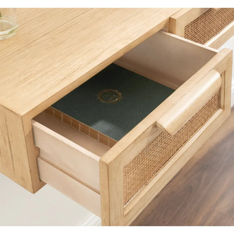 Scaffale da Parete Fluttuante in Legno Naturale e Rattan con Cassetti, Naturale, 1 persona
