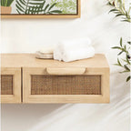 Scaffale da Parete Fluttuante in Legno Naturale e Rattan con Cassetti, Naturale, 1 persona