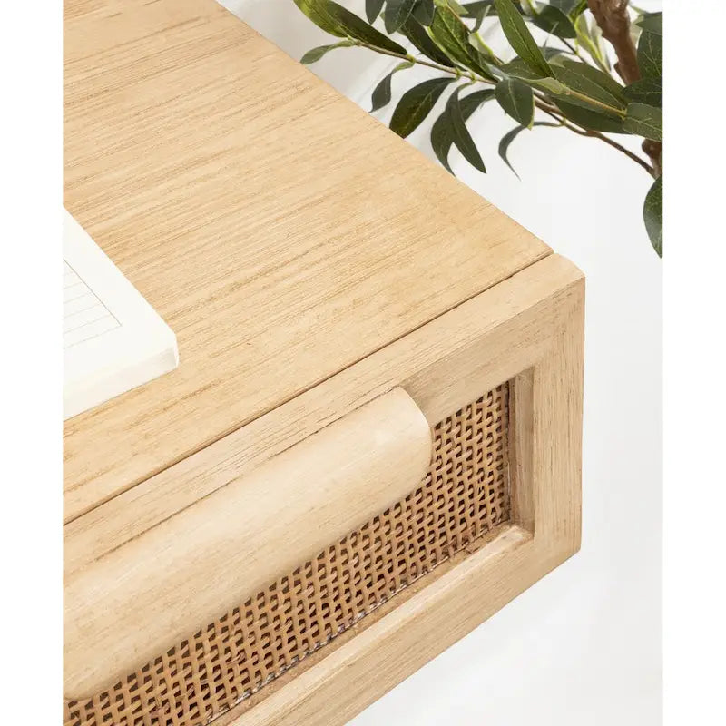 Scaffale da Parete Fluttuante in Legno Naturale e Rattan con Cassetti, Naturale, 1 persona