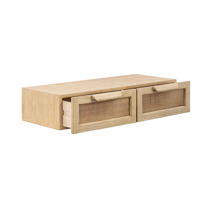 Scaffale da Parete Fluttuante in Legno Naturale e Rattan con Cassetti, Naturale, 1 persona