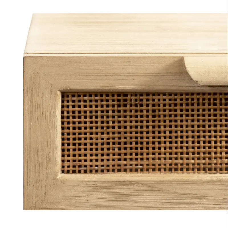 Scaffale da Parete Fluttuante in Legno Naturale e Rattan con Cassetti, Naturale, 1 persona