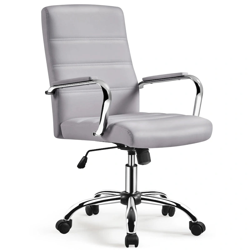 Sedia da ufficio girevole in pelle PU con schienale medio bianca/nera/rosa/grigio chiaro, singola