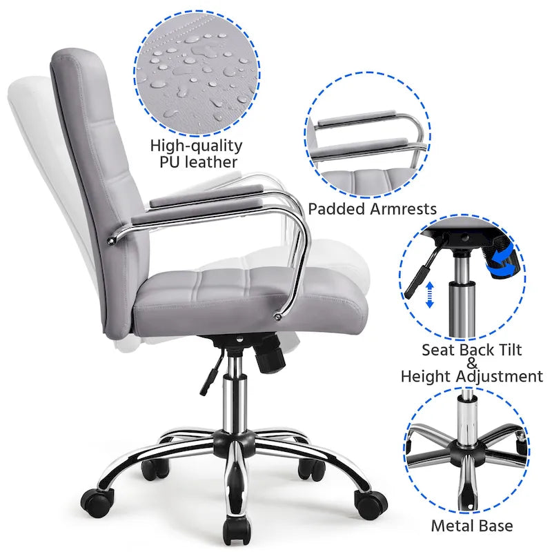 Sedia da ufficio girevole in pelle PU con schienale medio bianca/nera/rosa/grigio chiaro, singola