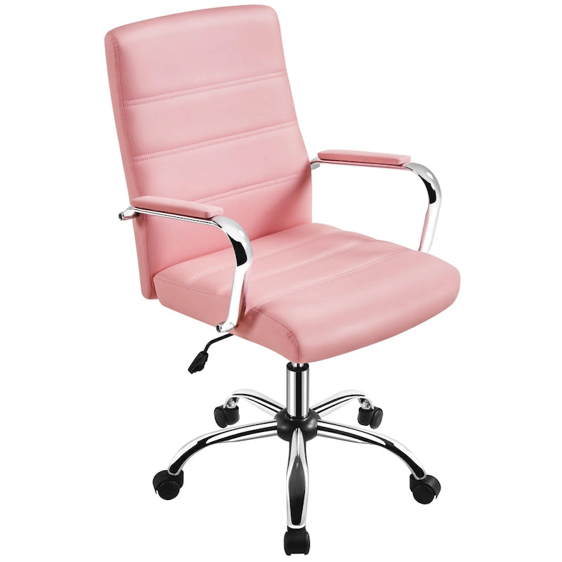 Sedia da ufficio girevole in pelle PU con schienale medio bianca/nera/rosa/grigio chiaro, singola