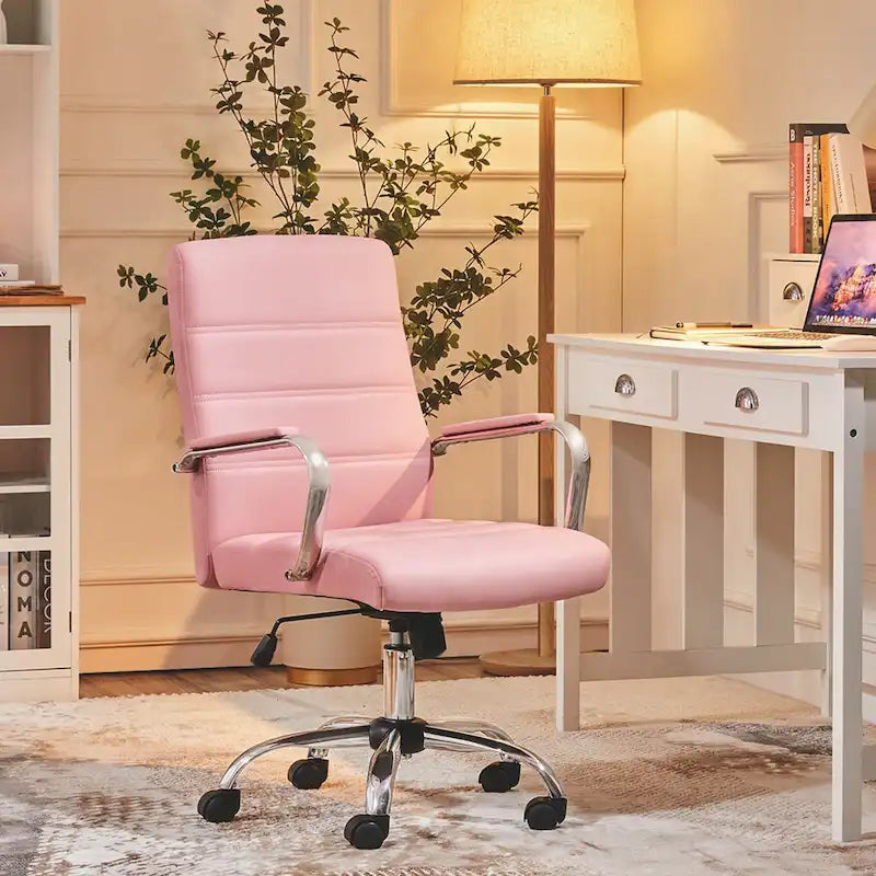 Sedia da ufficio girevole in pelle PU con schienale medio bianca/nera/rosa/grigio chiaro, singola