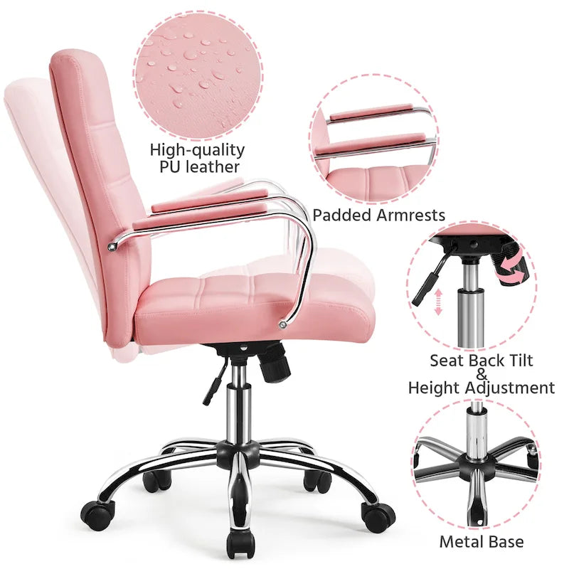 Sedia da ufficio girevole in pelle PU con schienale medio bianca/nera/rosa/grigio chiaro, singola