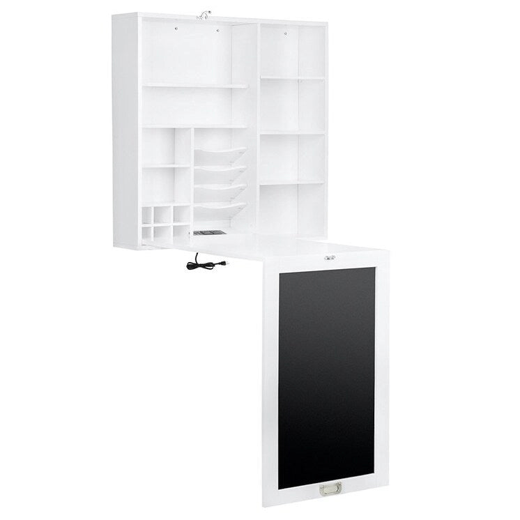 Scrivania a muro pieghevole bianca con lavagna, armadietto e porte USB – 1 persona