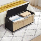 Panca contenitore in rovere e rattan nero, seduta singola, per ingresso/camera da letto