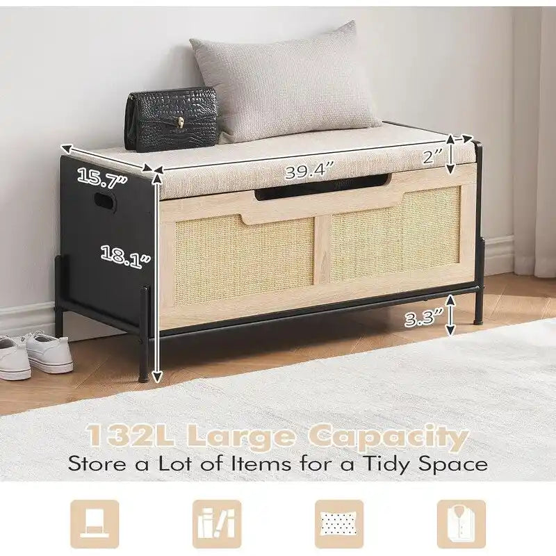 Panca contenitore in rovere e rattan nero, seduta singola, per ingresso/camera da letto