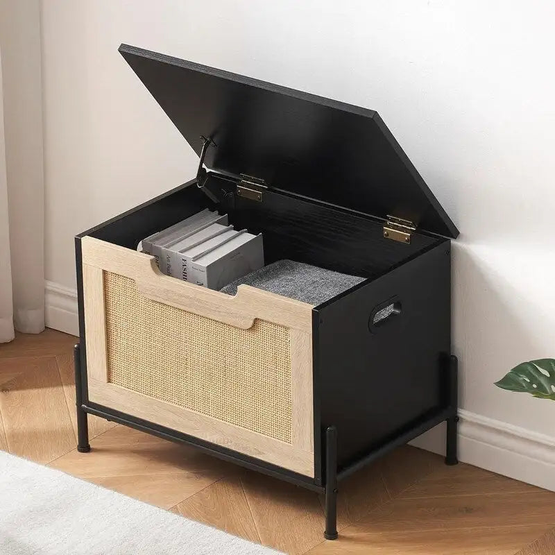 Panca contenitore in rovere e rattan nero, seduta singola, per ingresso/camera da letto